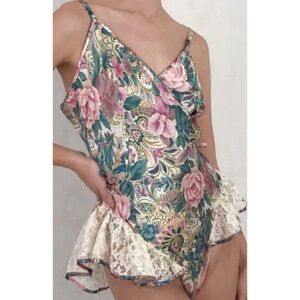 Vintage Gold Label Victoria's Secret Floral Satin and Lace Romantic Teddy SizeXS